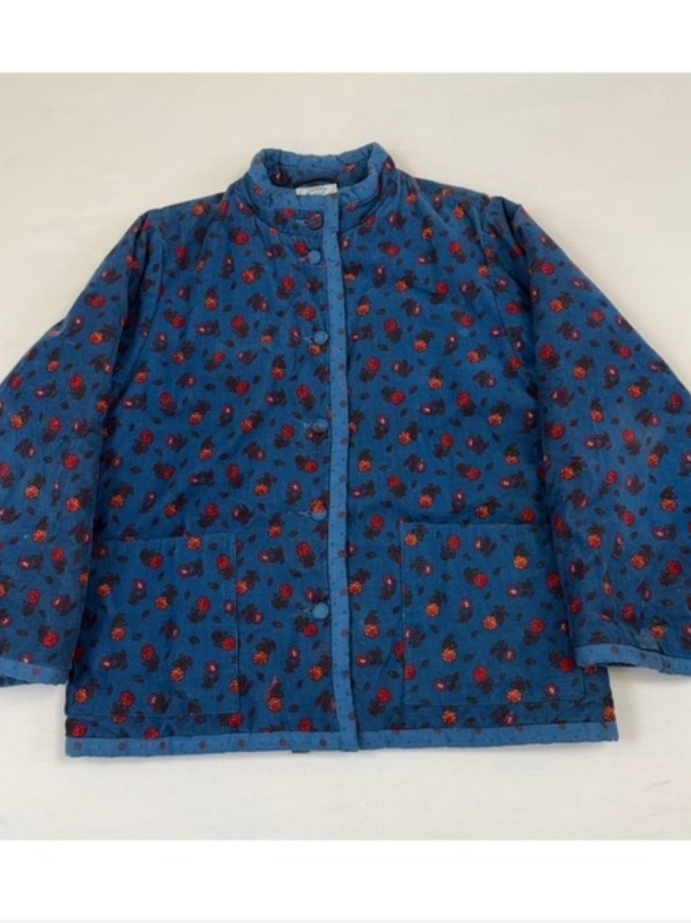 Laura Ashley Blue Quilted Puffer Jacket with Red Floral Print